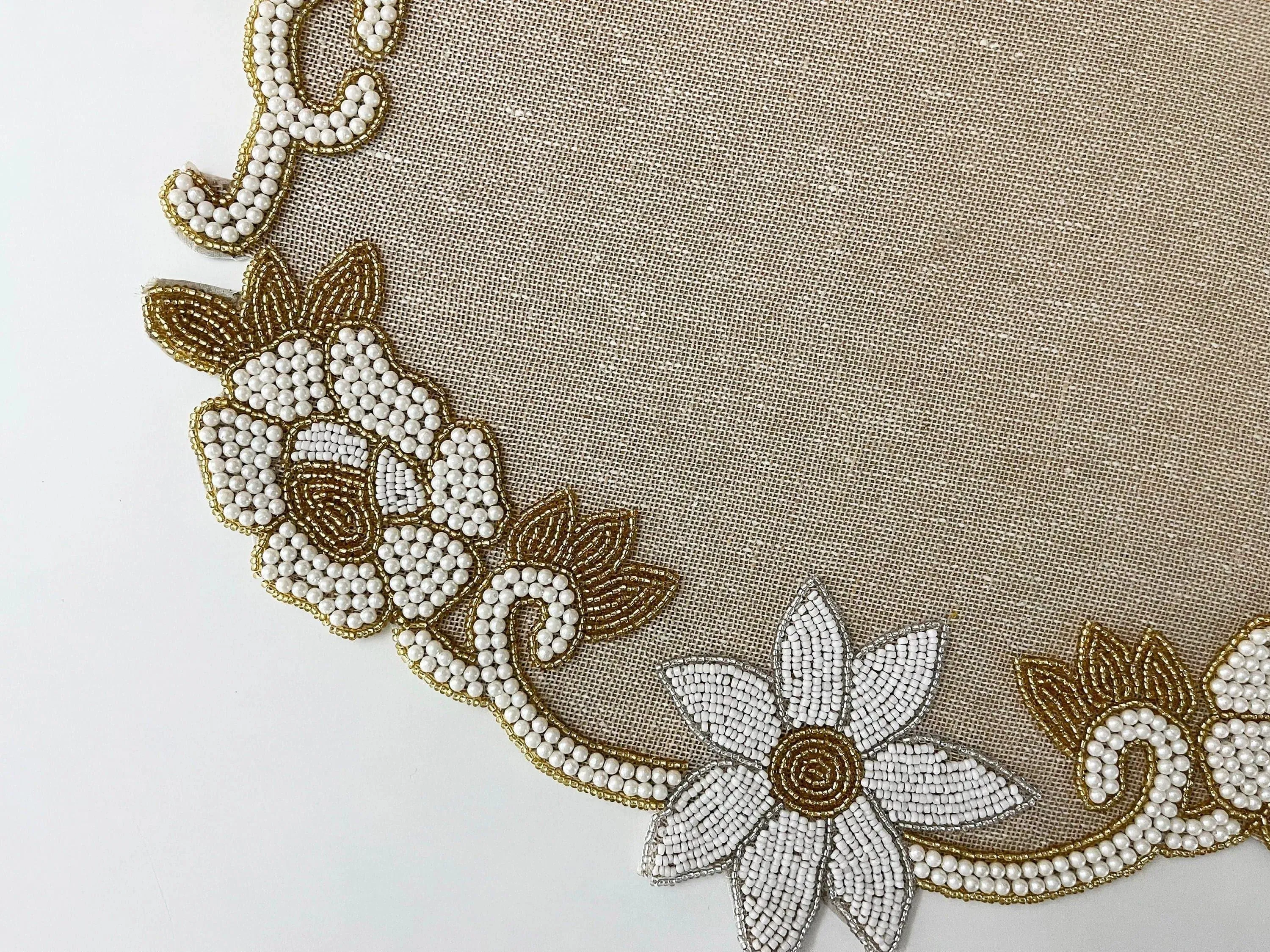 Floral Beaded Burlap Round Placemat