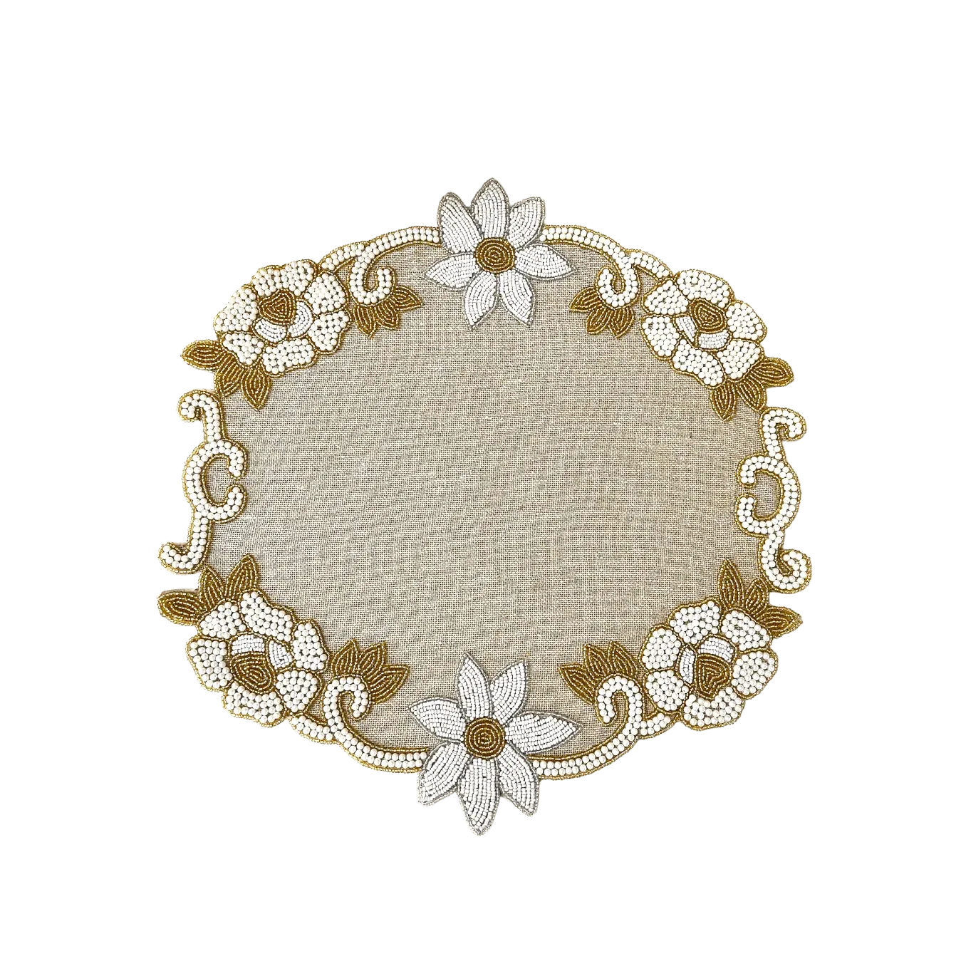 Floral Beaded Burlap Round Placemat