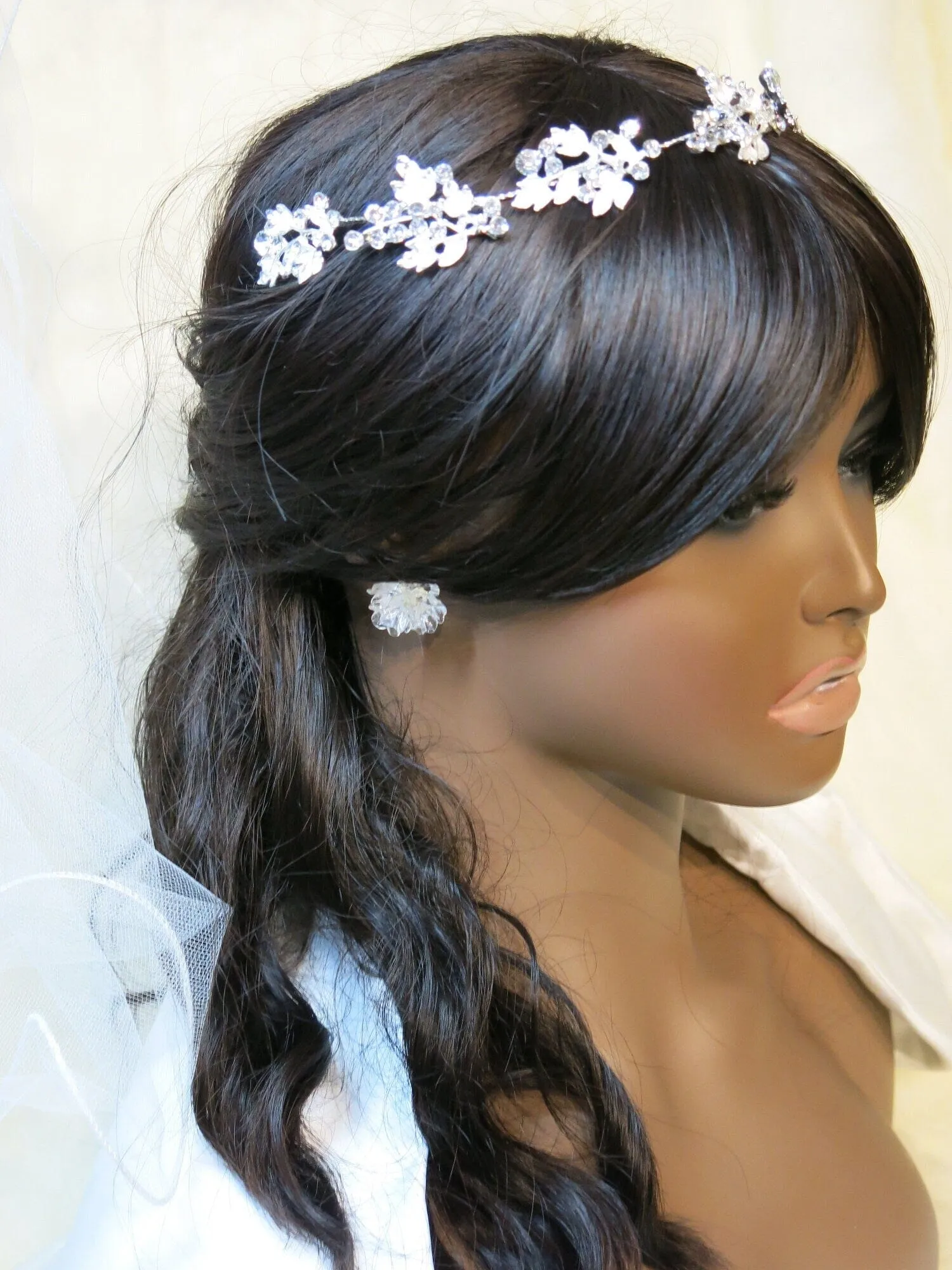 Floral Rhinestone Crystal Tiara, Wedding Silver Headband, Bridal Wire Head Wreath, Princess Cosplay Tiara