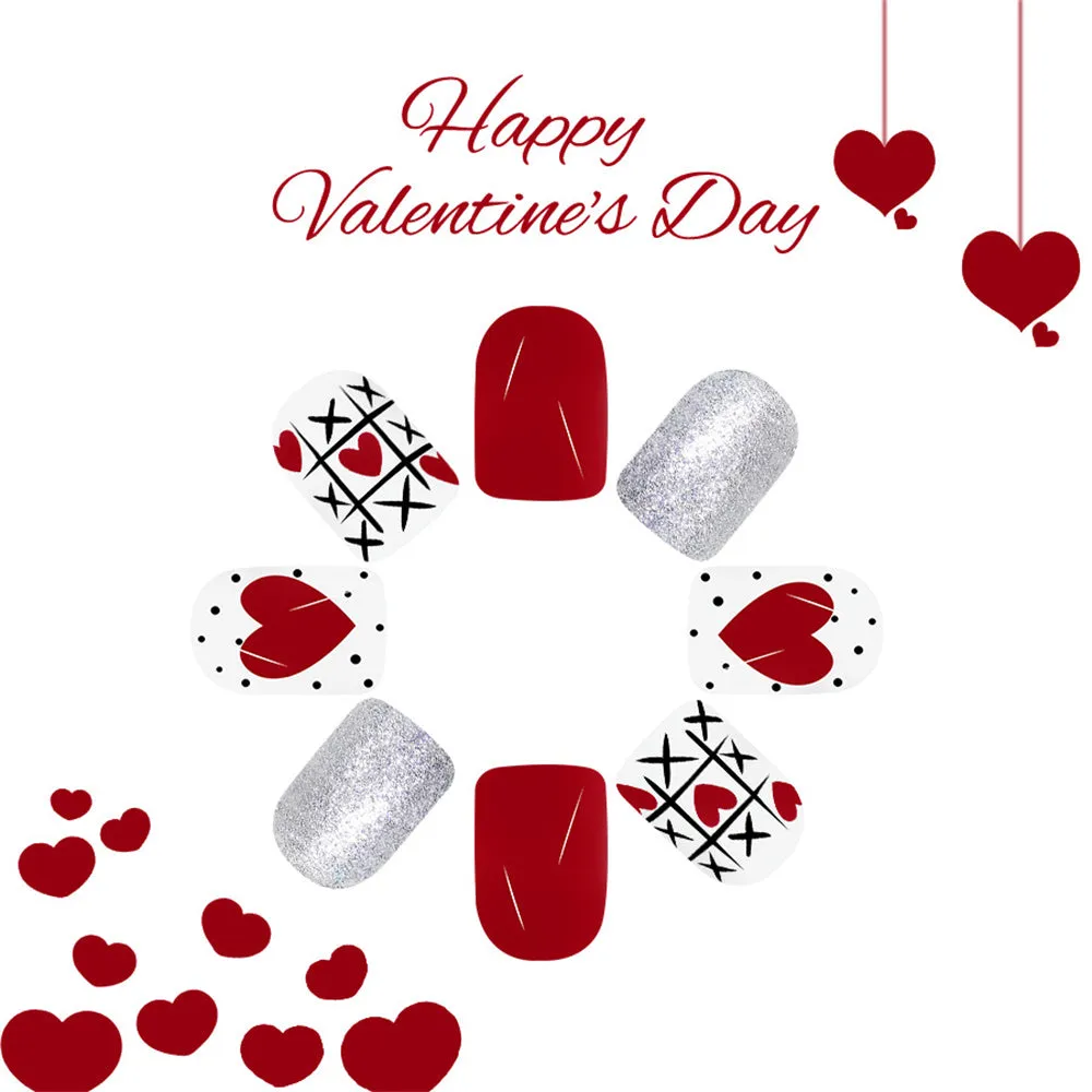 Fofosbeauty 24pcs Press on Nails, Fake Nails, Full Cover Acrylic Nails for Girls Women Kids, Square Valentine's Day Glitter Heart Red