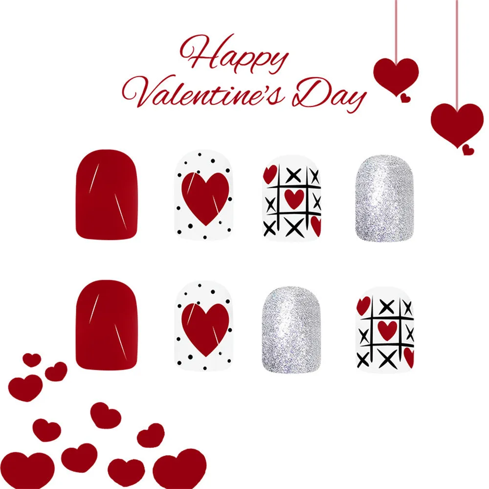 Fofosbeauty 24pcs Press on Nails, Fake Nails, Full Cover Acrylic Nails for Girls Women Kids, Square Valentine's Day Glitter Heart Red