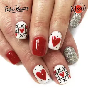 Fofosbeauty 24pcs Press on Nails, Fake Nails, Full Cover Acrylic Nails for Girls Women Kids, Square Valentine's Day Glitter Heart Red