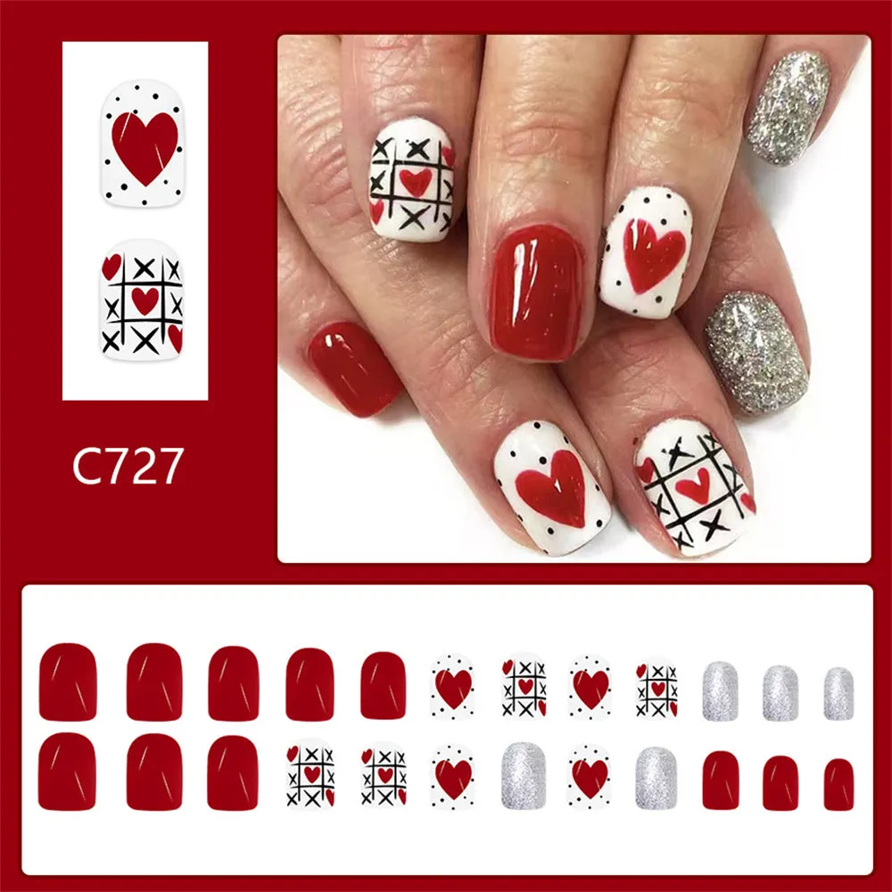 Fofosbeauty 24pcs Press on Nails, Fake Nails, Full Cover Acrylic Nails for Girls Women Kids, Square Valentine's Day Glitter Heart Red