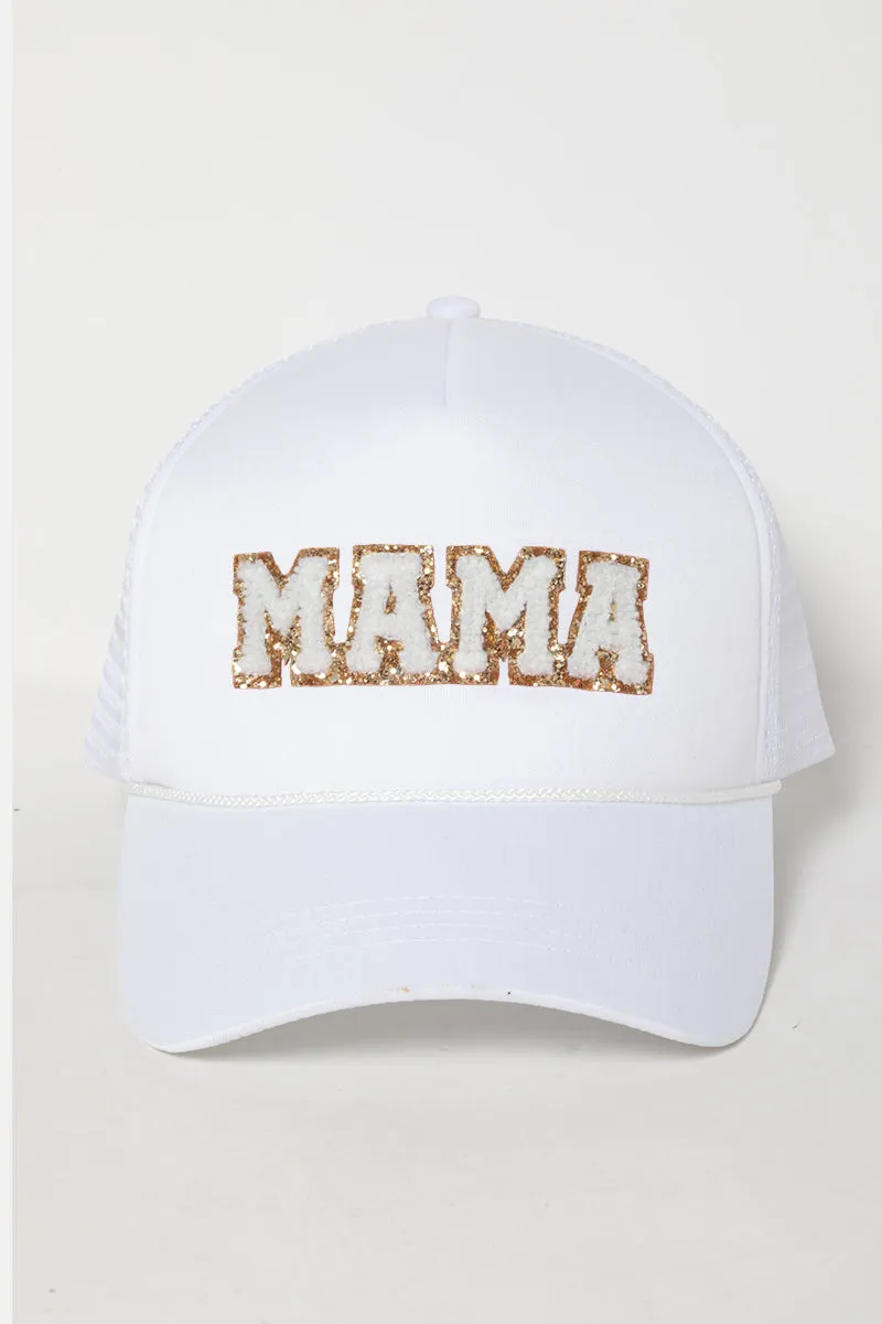 FWCAPM437 - MAMA Chenille Glitter Patch Trucker Hat