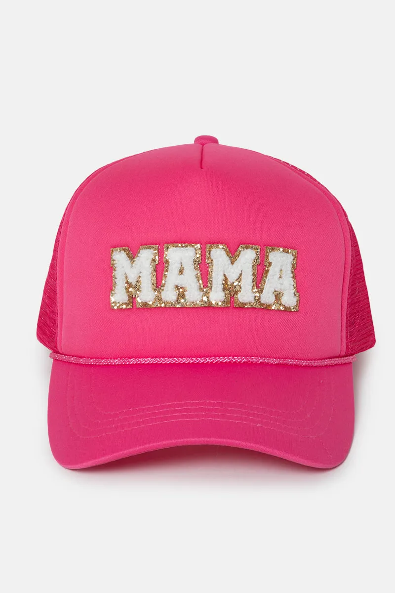FWCAPM437 - MAMA Chenille Glitter Patch Trucker Hat
