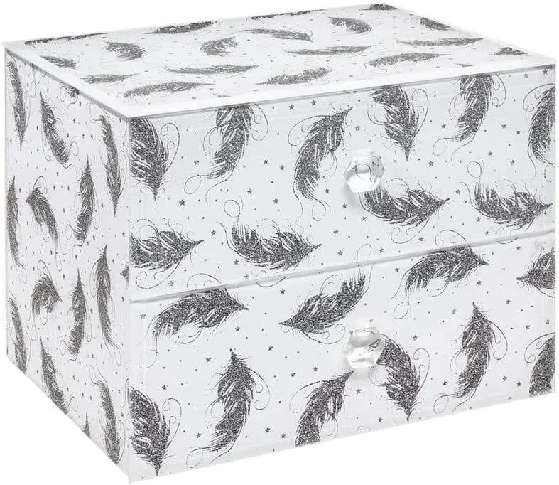 Glitter Feathers 2 Drawer Jewellery Storage Box Chest