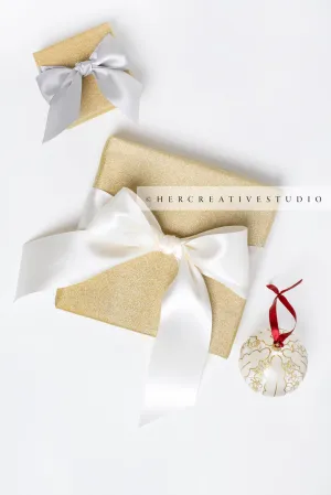 Gold Presents with White & Grey Ribbon & Ornament