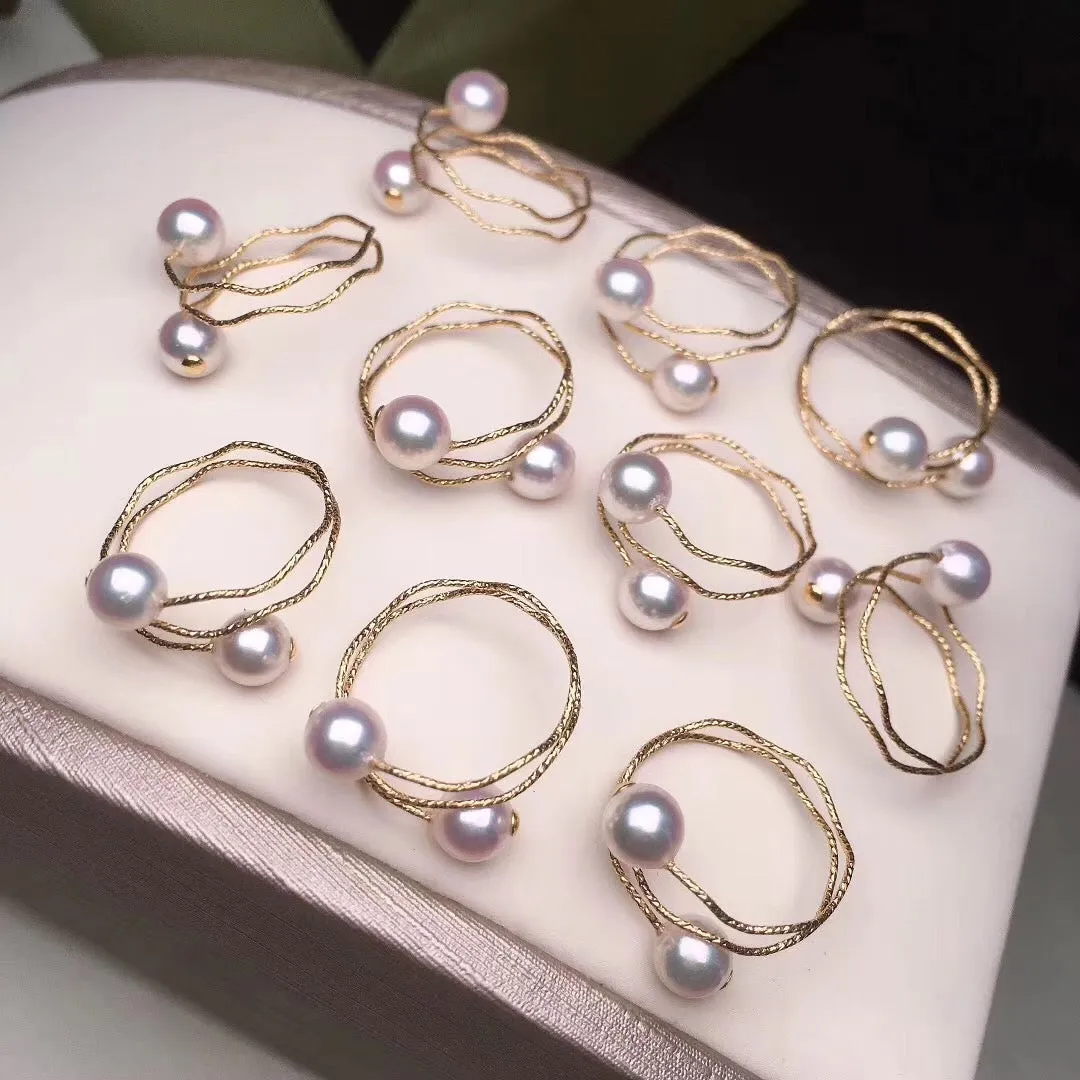 Golden Circles Double Japanese Akoya Pearls Ring