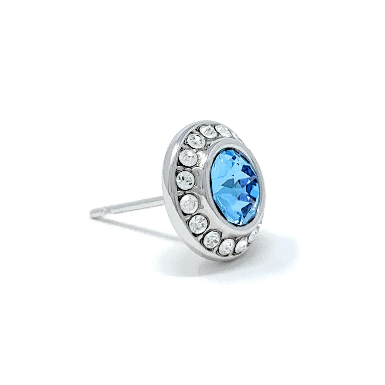 Halo Pave Stud Earrings with Blue Aquamarine Round Crystals from Swarovski Silver Toned Rhodium Plated