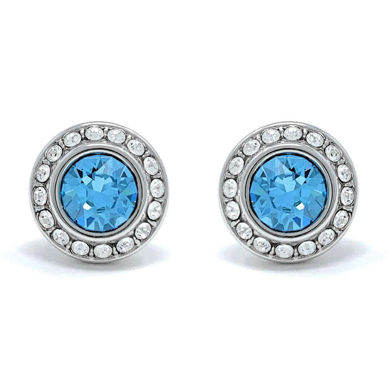 Halo Pave Stud Earrings with Blue Aquamarine Round Crystals from Swarovski Silver Toned Rhodium Plated