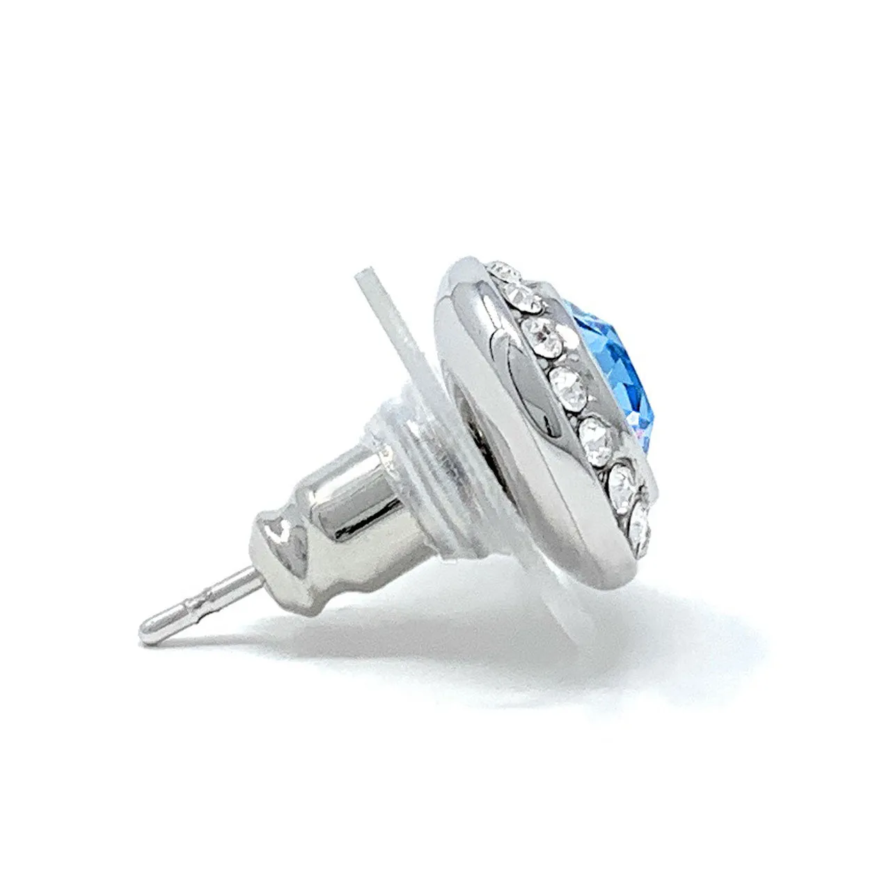 Halo Pave Stud Earrings with Blue Aquamarine Round Crystals from Swarovski Silver Toned Rhodium Plated