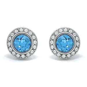 Halo Pave Stud Earrings with Blue Aquamarine Round Crystals from Swarovski Silver Toned Rhodium Plated