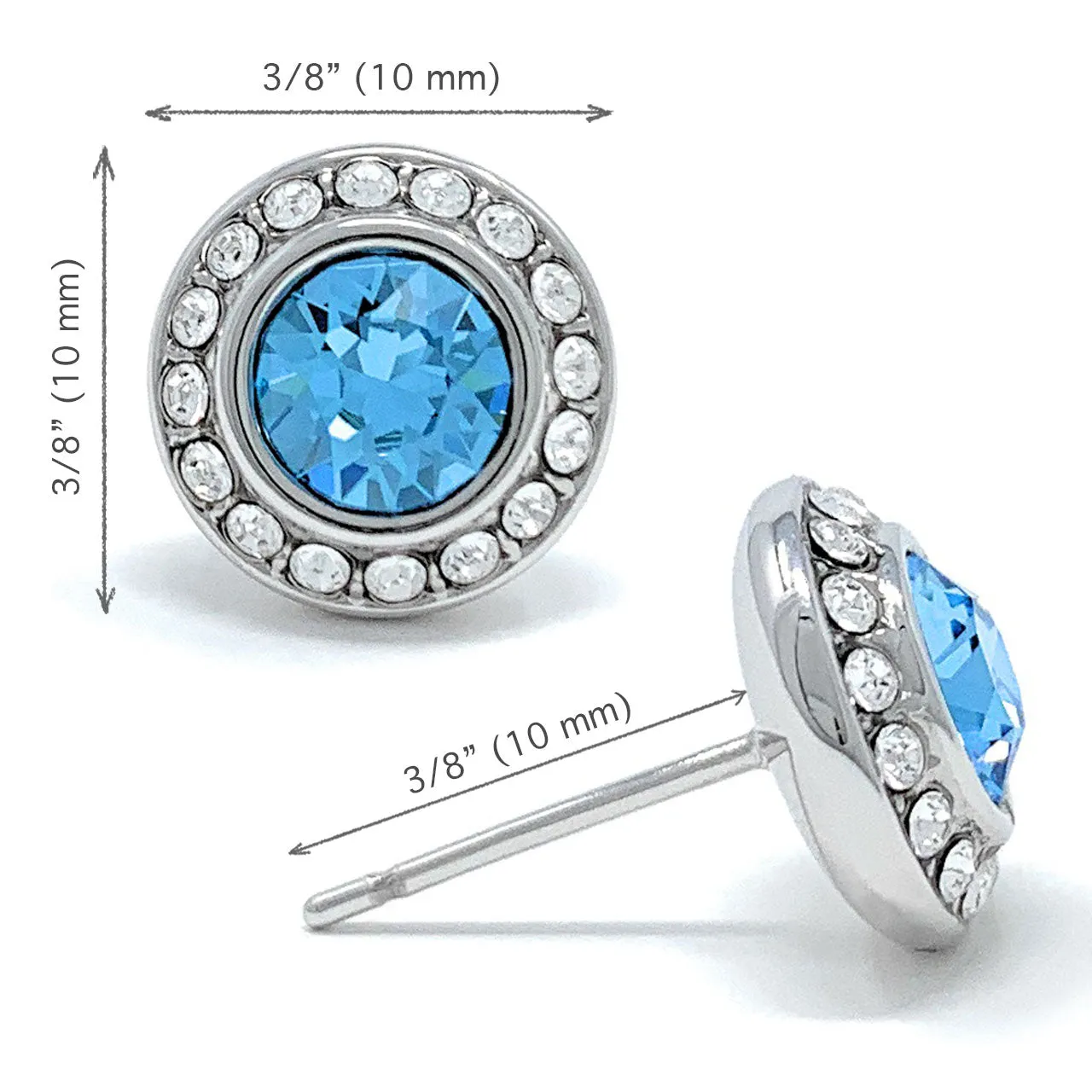 Halo Pave Stud Earrings with Blue Aquamarine Round Crystals from Swarovski Silver Toned Rhodium Plated