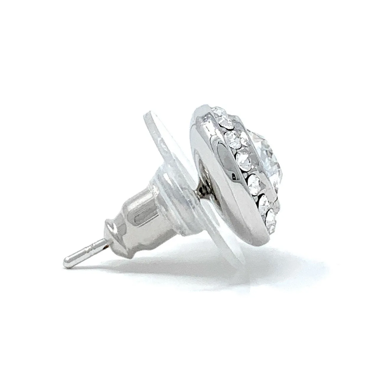 Halo Pave Stud Earrings with White Clear Round Crystals from Swarovski Silver Toned Rhodium Plated
