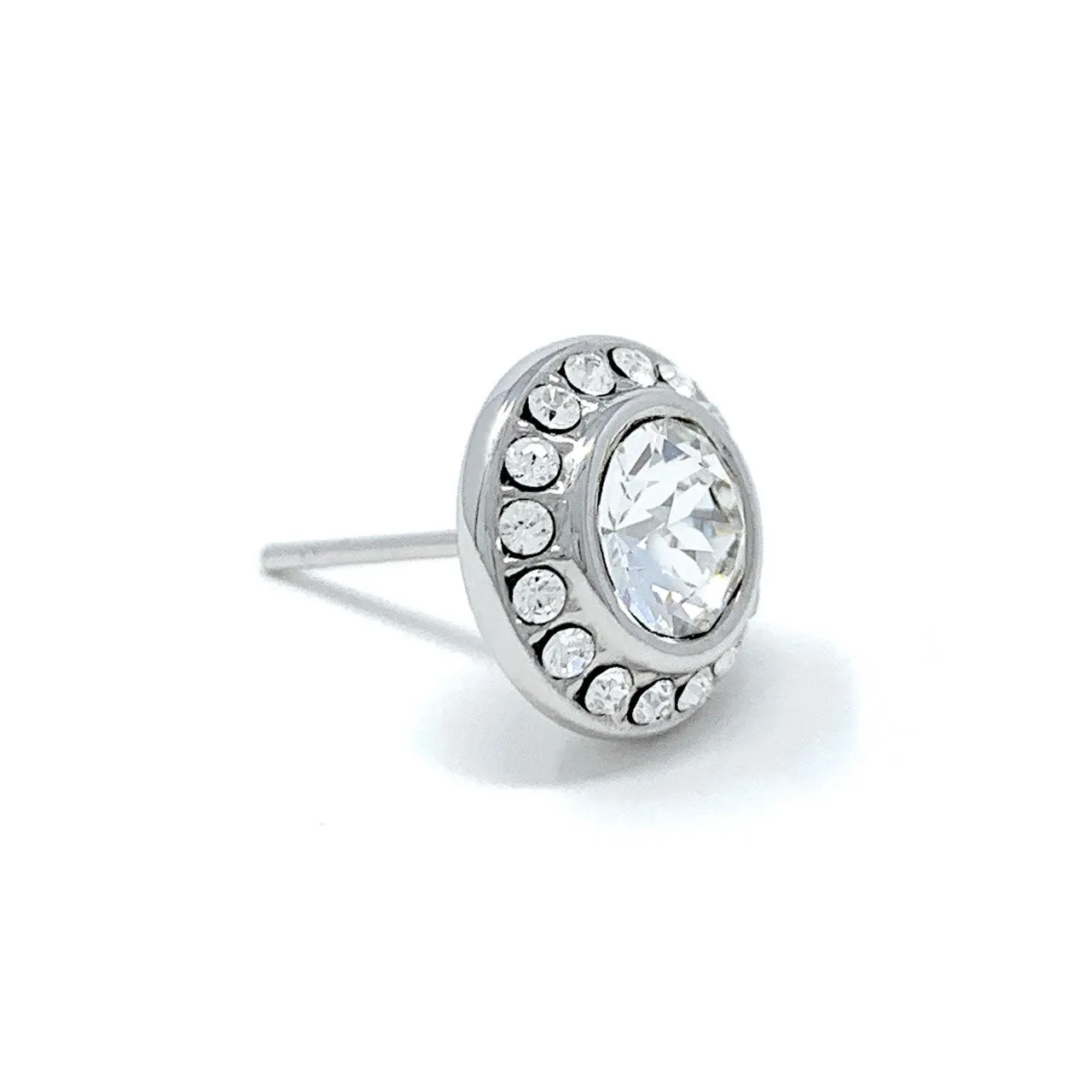 Halo Pave Stud Earrings with White Clear Round Crystals from Swarovski Silver Toned Rhodium Plated