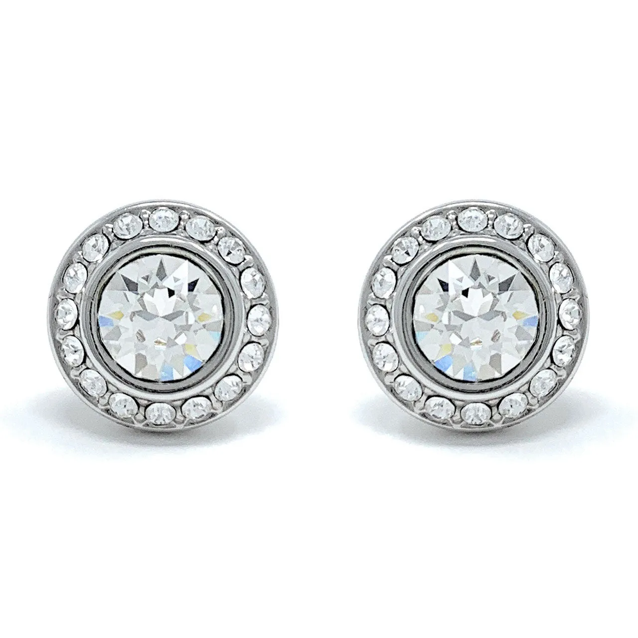 Halo Pave Stud Earrings with White Clear Round Crystals from Swarovski Silver Toned Rhodium Plated