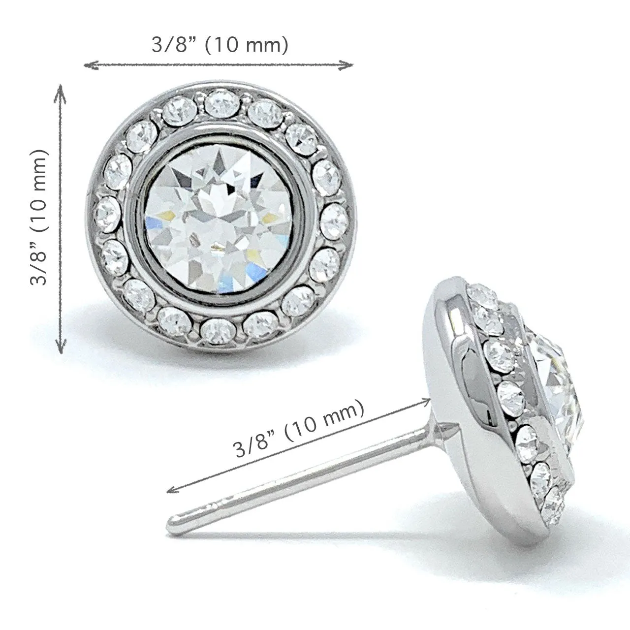Halo Pave Stud Earrings with White Clear Round Crystals from Swarovski Silver Toned Rhodium Plated