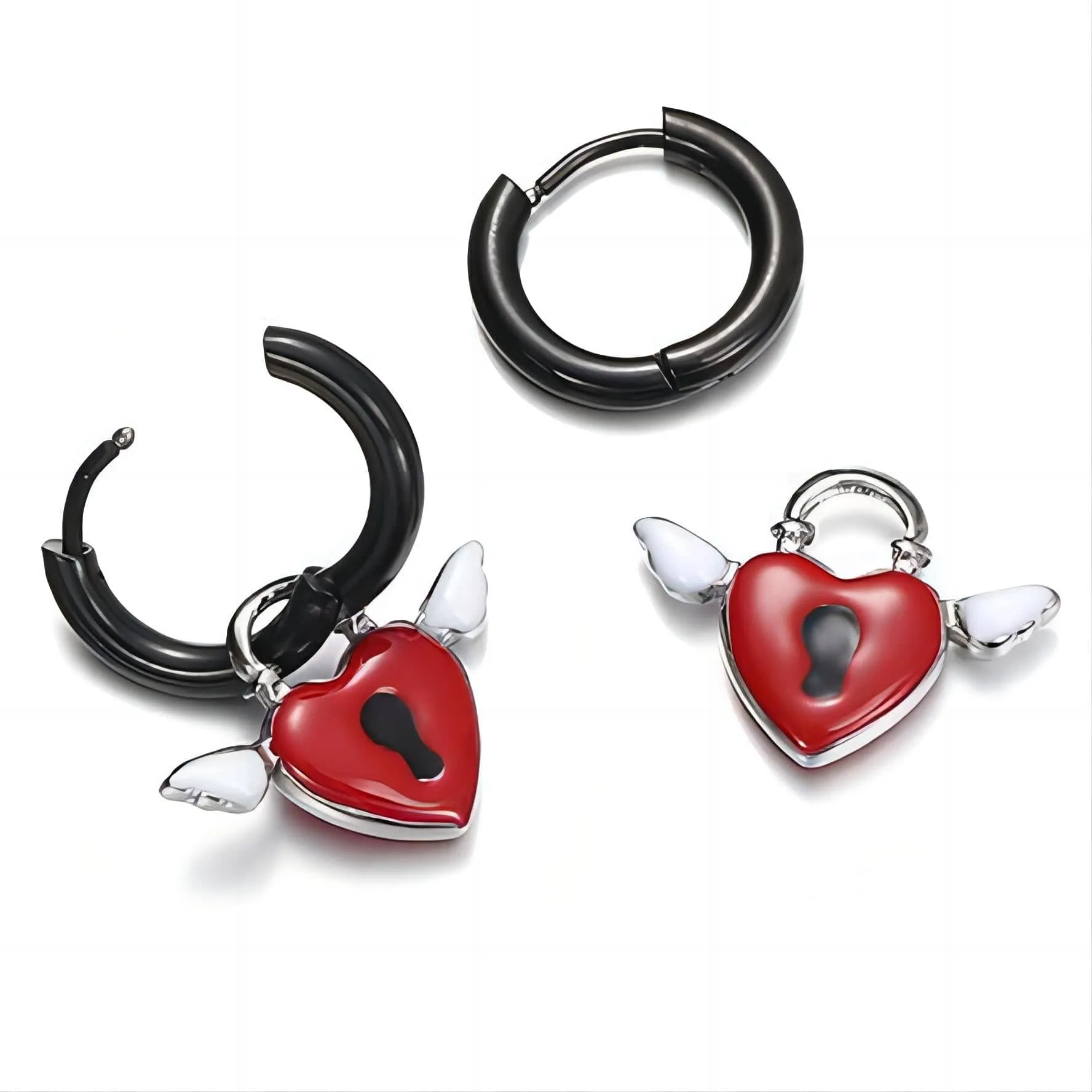 Handmade Enamel Angel Wings Heart Lock Huggie Hoop Earrings