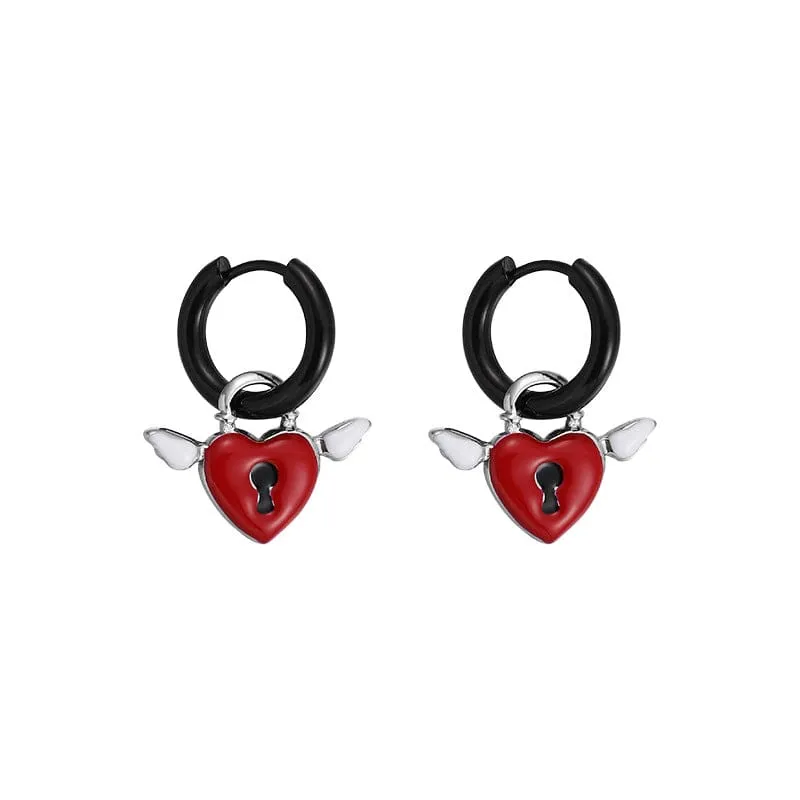 Handmade Enamel Angel Wings Heart Lock Huggie Hoop Earrings
