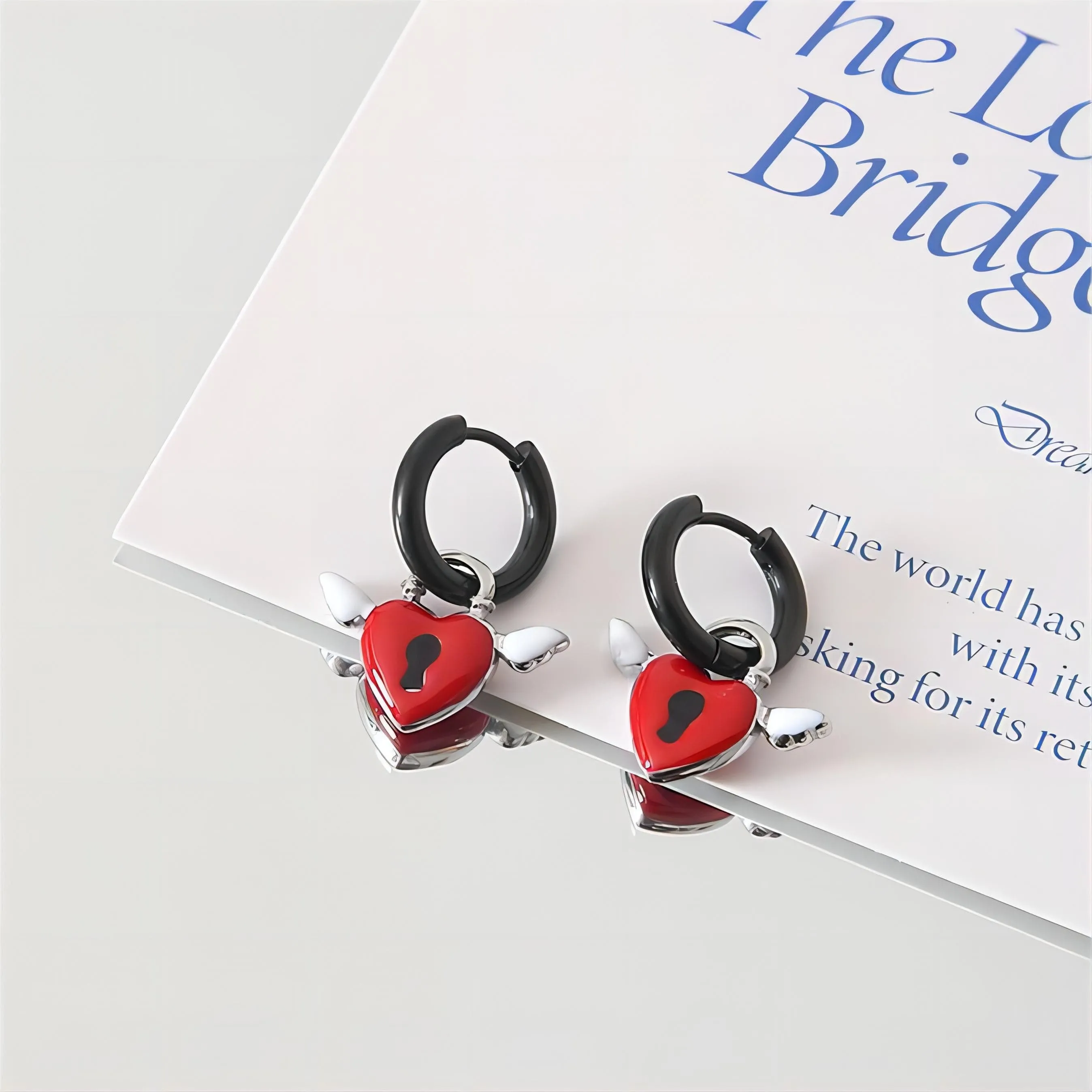 Handmade Enamel Angel Wings Heart Lock Huggie Hoop Earrings