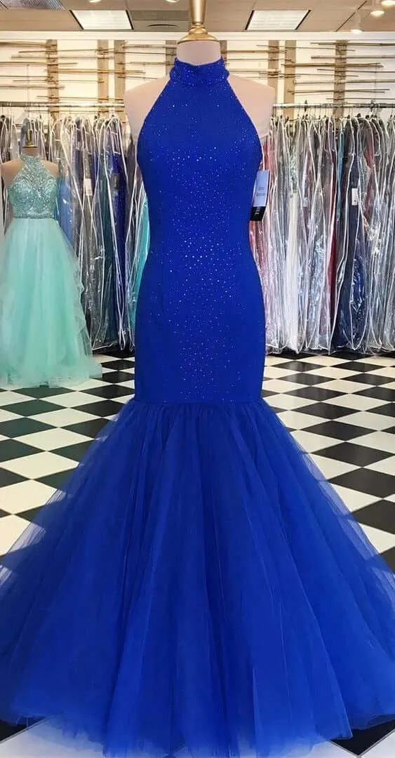 High Neck Long Mermaid 2024 Red Prom Dresses UK Glitter Tulle Formal Dress