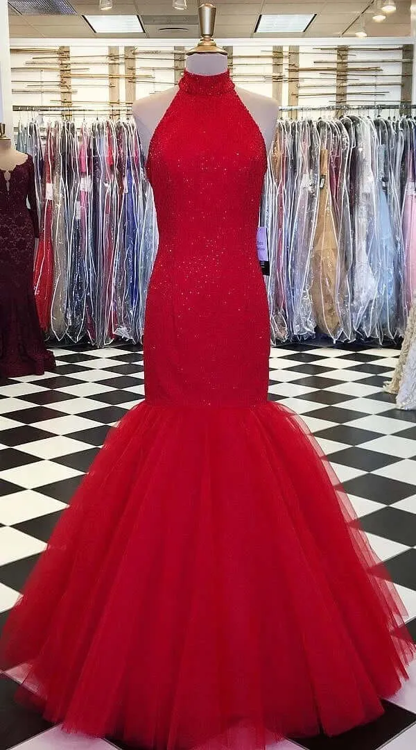 High Neck Long Mermaid 2024 Red Prom Dresses UK Glitter Tulle Formal Dress