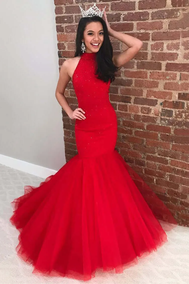 High Neck Long Mermaid 2024 Red Prom Dresses UK Glitter Tulle Formal Dress