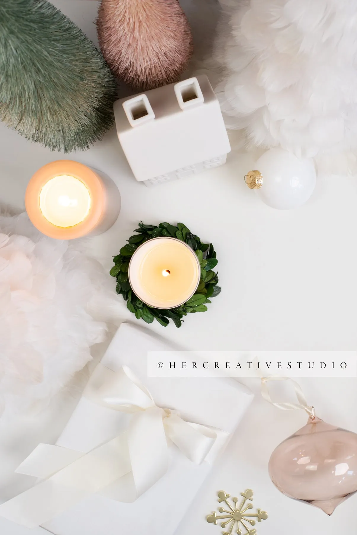 Holiday Flatlay with gift, Trees & Candles, Styled Image