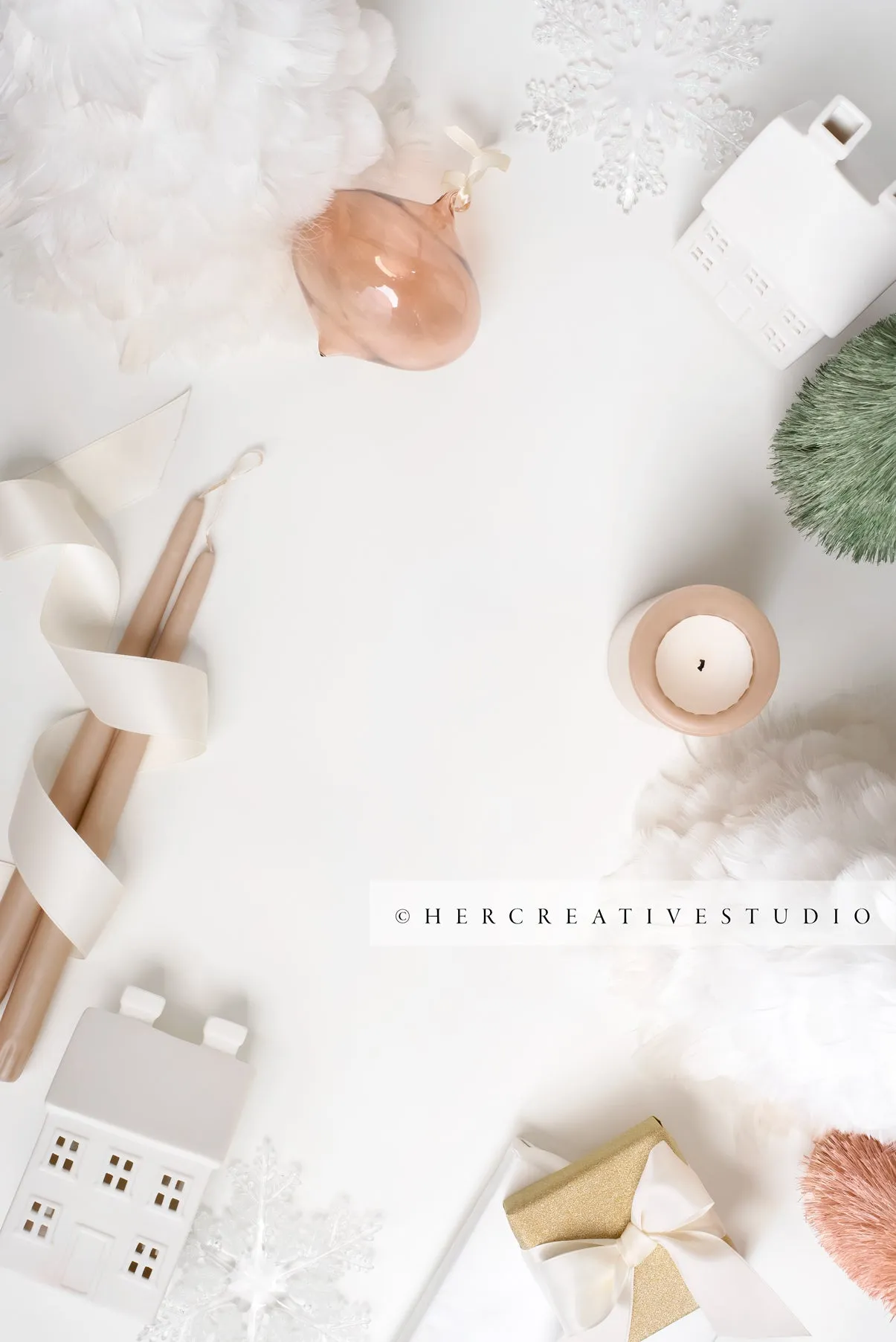 Holiday Flatlay with Ornaments, Trees & Candle, Styled Image