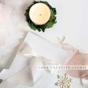 Holiday Gift & Candle on White Background