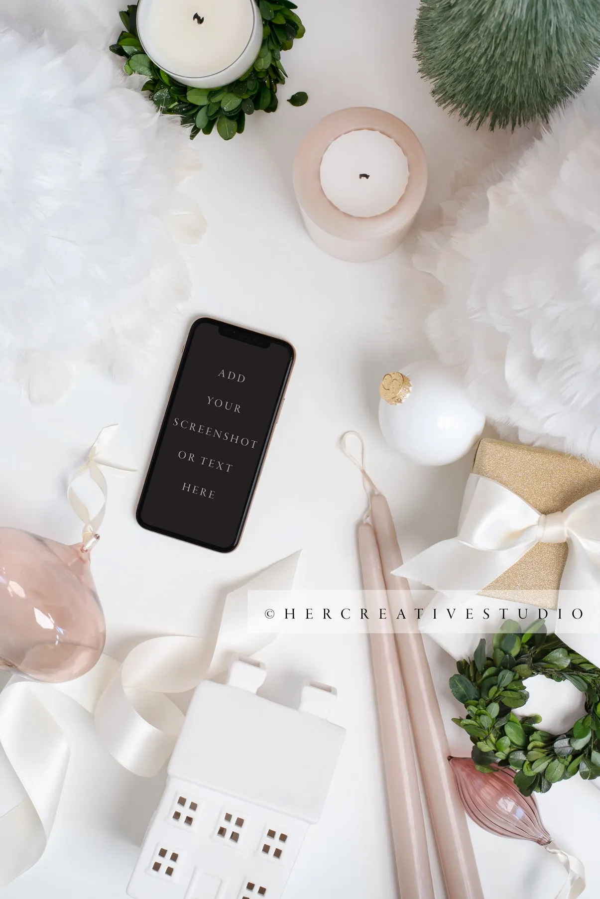 Holiday Image with Smartphone, Ornaments & Nude Candles