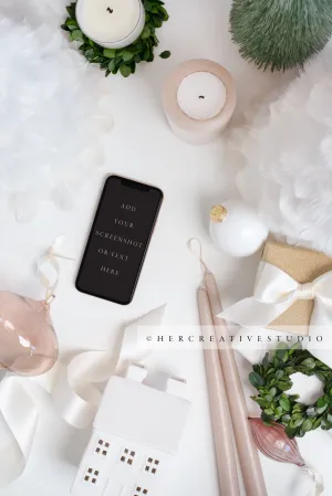 Holiday Image with Smartphone, Ornaments & Nude Candles
