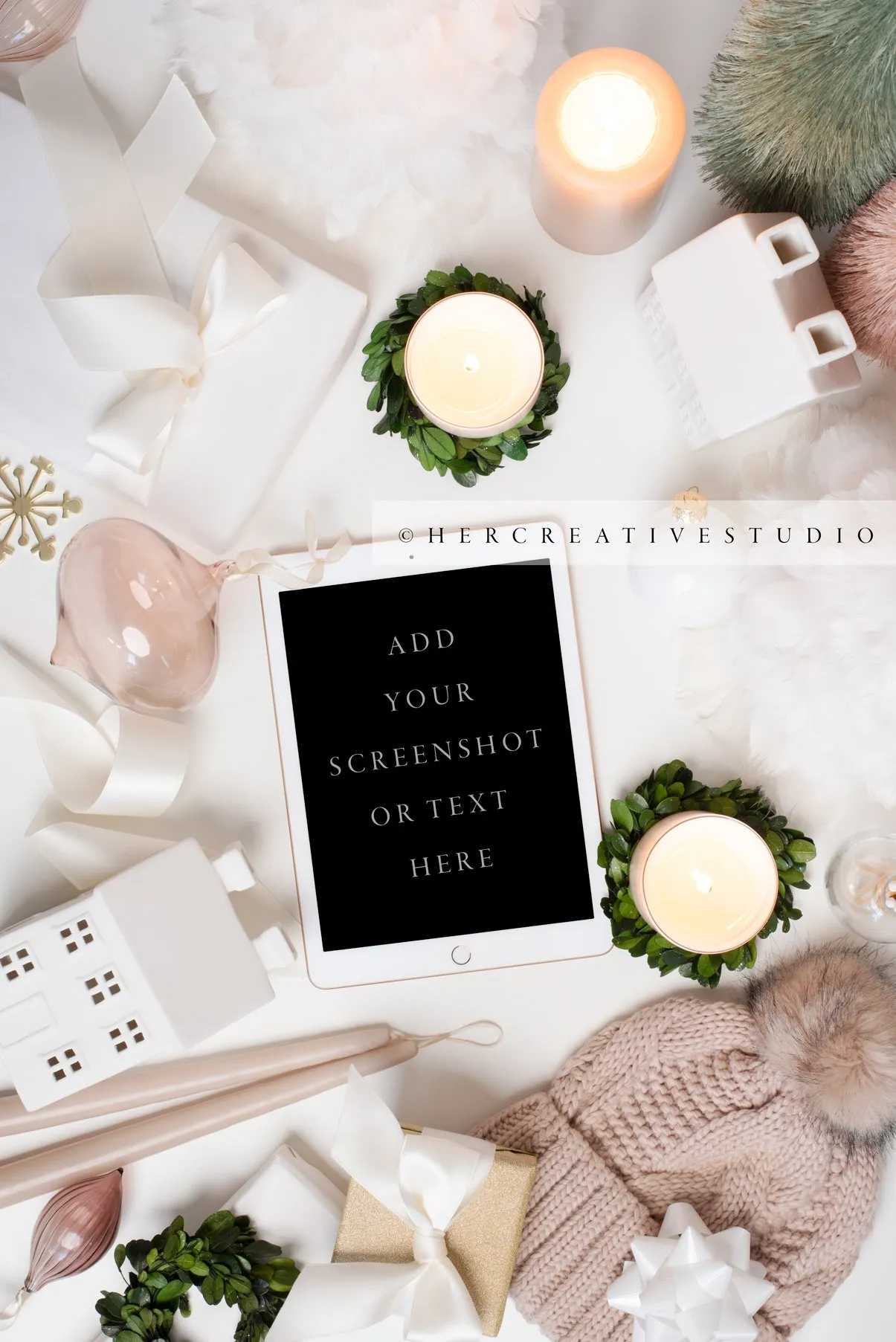 Holiday Image with Tablet, Ornaments & Winter Hat