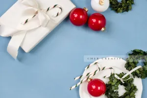 Holiday Ornaments & Wrapped Gift on Sky Blue Background