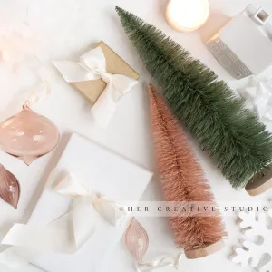 Holiday Trees, Wrapped Gifts & Candles on White Background