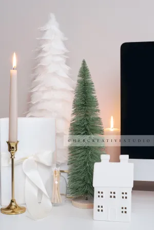 Holiday Workspace with Gifts, Trees & Candles, Styled Image