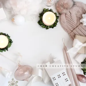 Holiday Wrapped Gifts, Hat & Candles on White Background