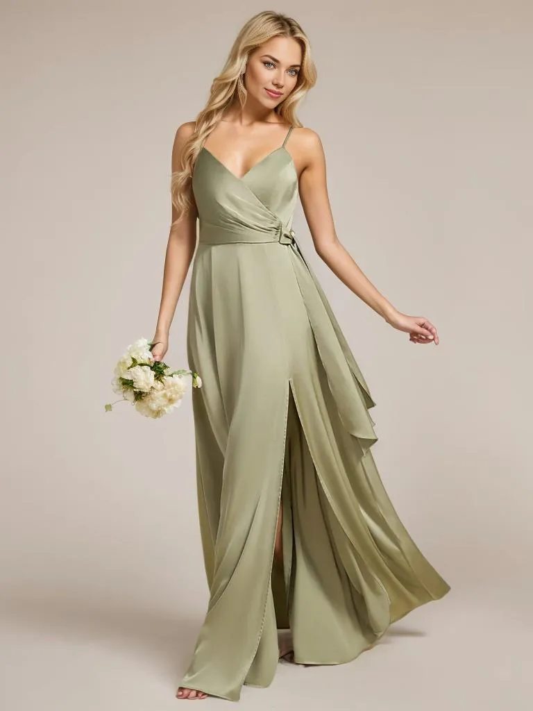 Holly light olive satin bridesmaid dress with split Express NZ wide