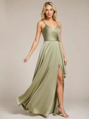 Holly light olive satin bridesmaid dress with split Express NZ wide