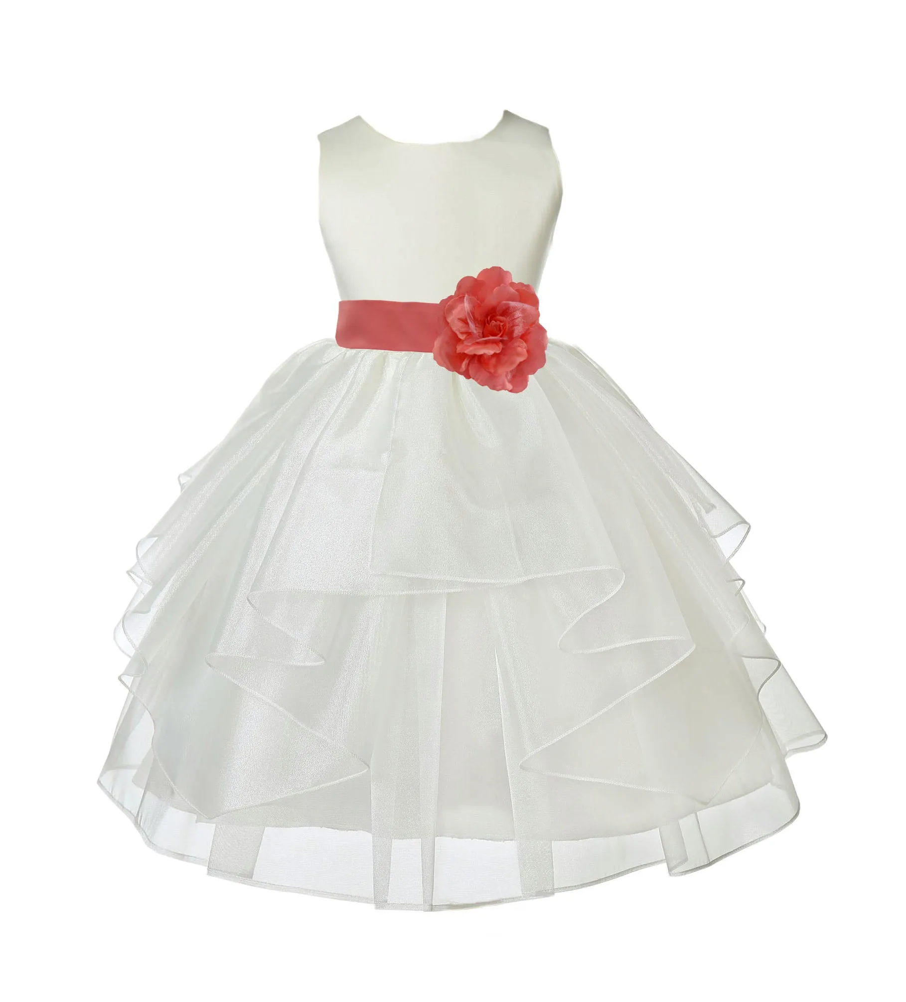Ivory Satin Shimmering Organza Flower Girl Dress Junior Formal Pageant Baptism Christening 4613T(4)