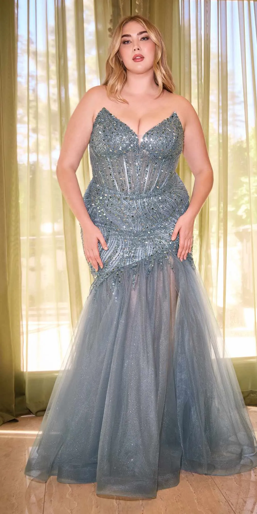 Ladivine CD0214 Strapless Pointed Cup Beaded Mermaid Dress