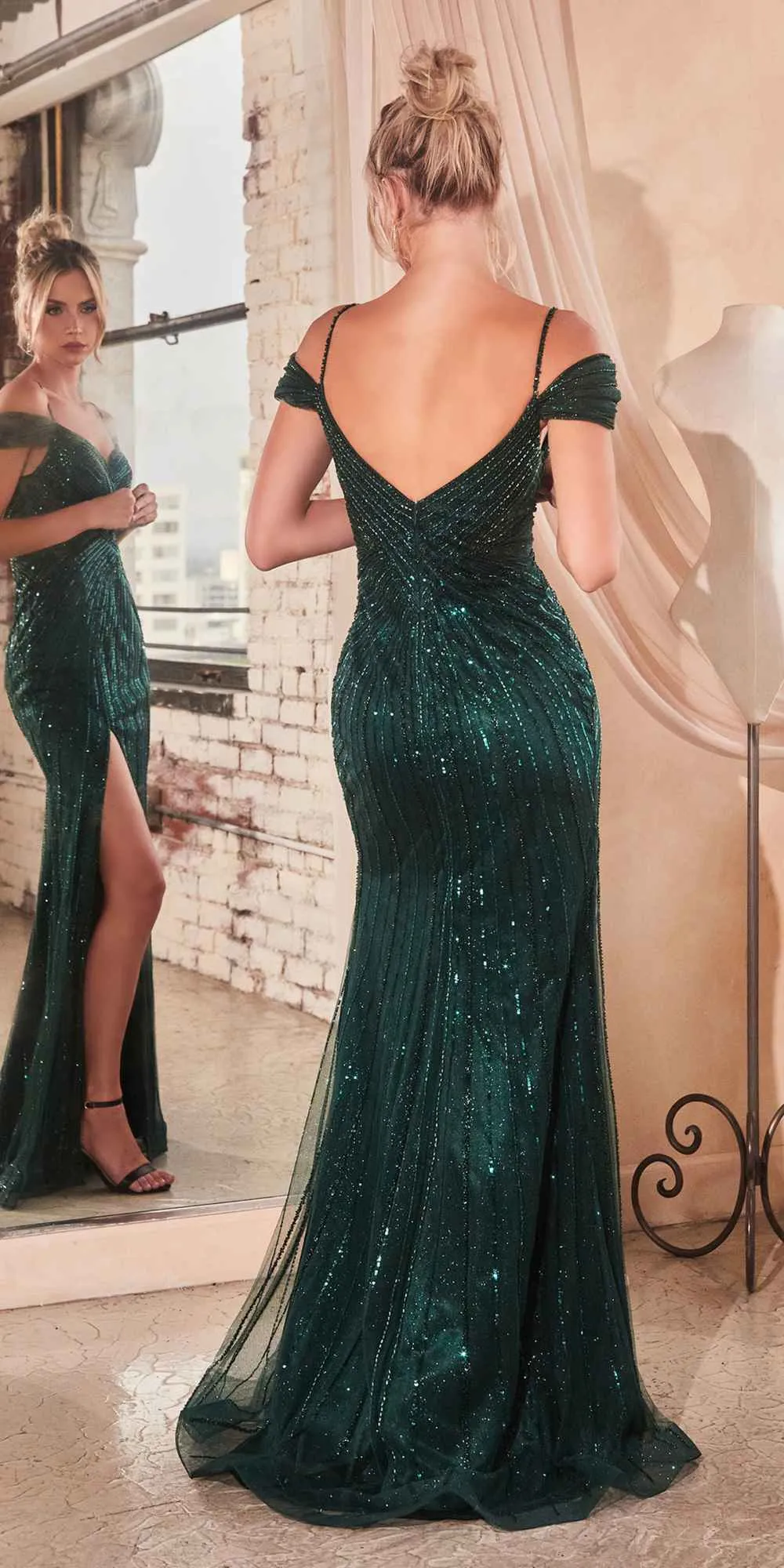 Ladivine CD0219 Long Off the Shoulder Sequin and Beaded Gown