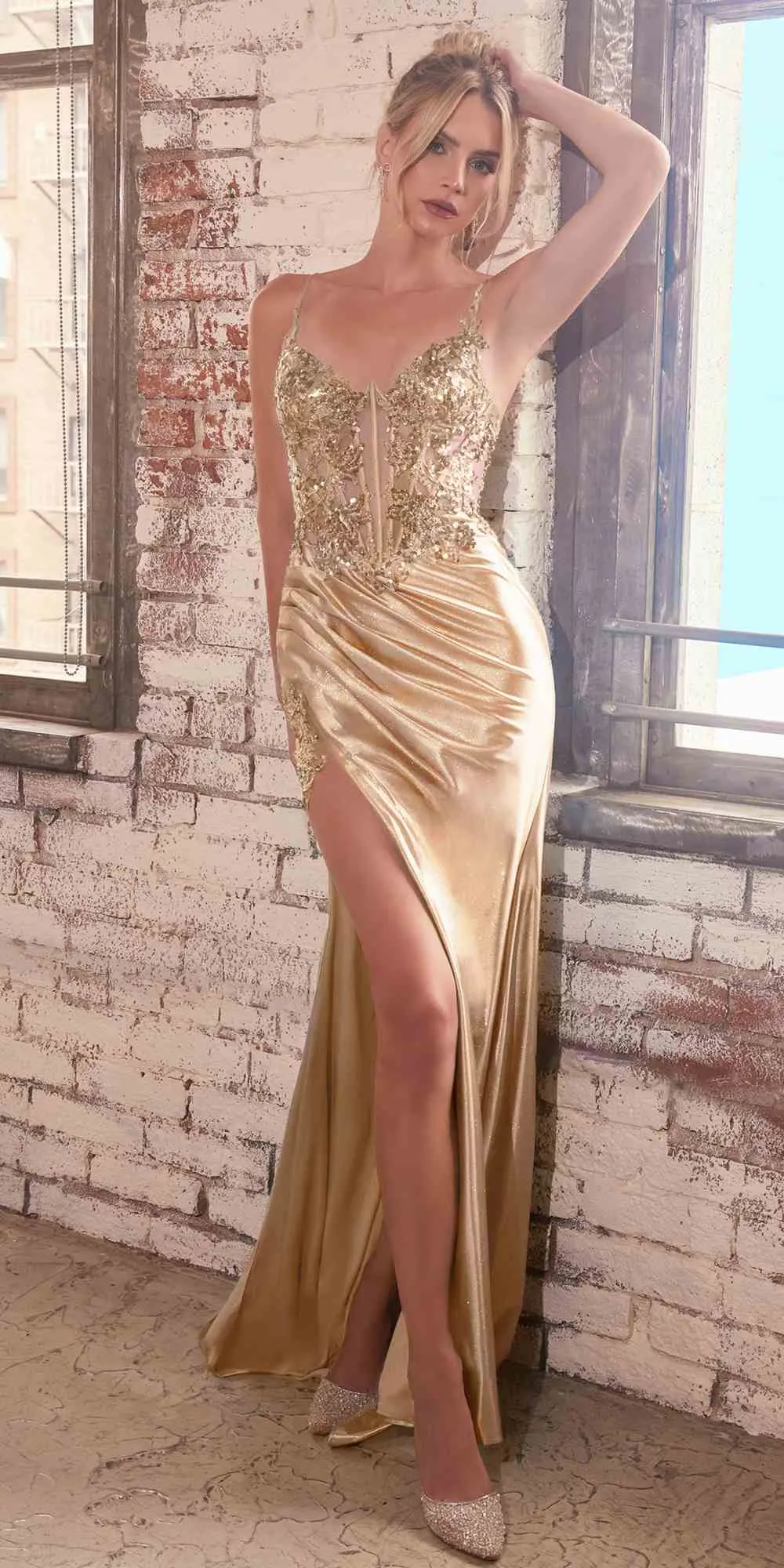 Ladivine CDS439 Ultra Sleek Glitter Satin Boned Bodice Long Formal Gown
