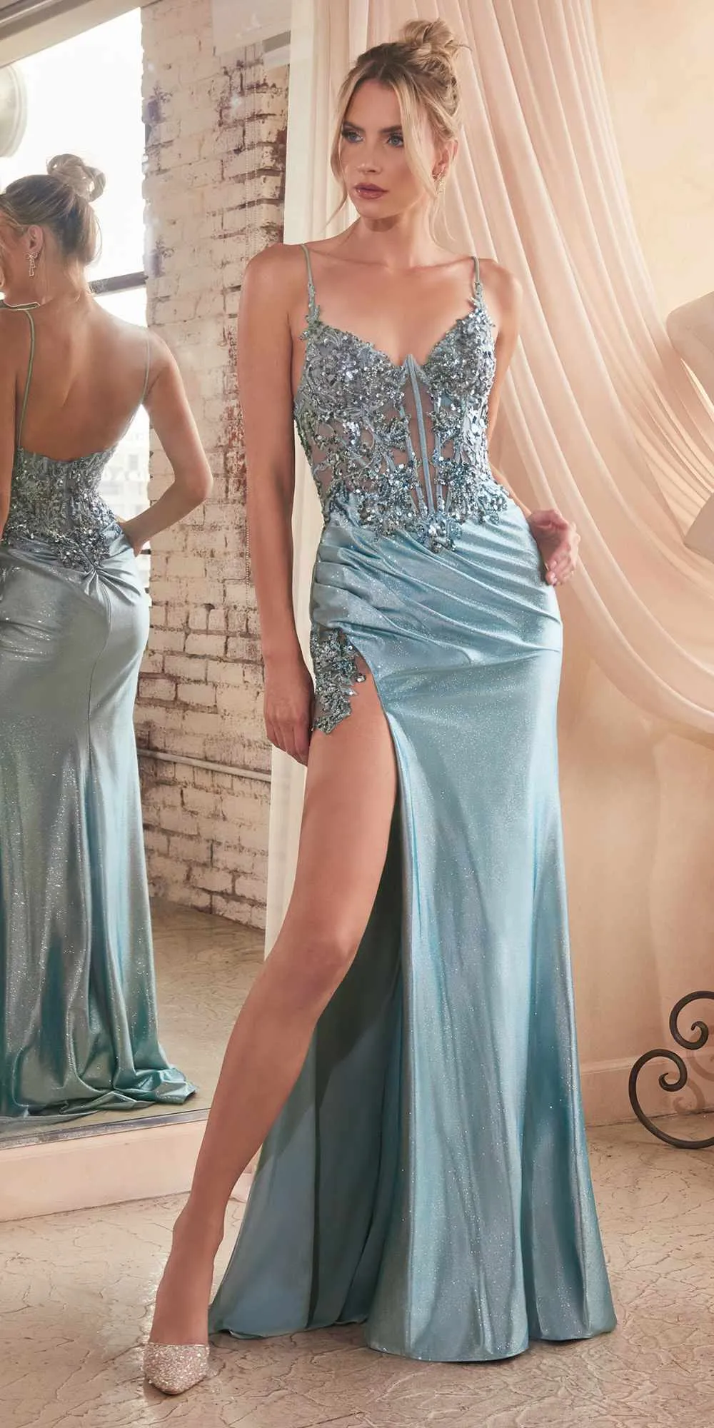 Ladivine CDS439 Ultra Sleek Glitter Satin Boned Bodice Long Formal Gown