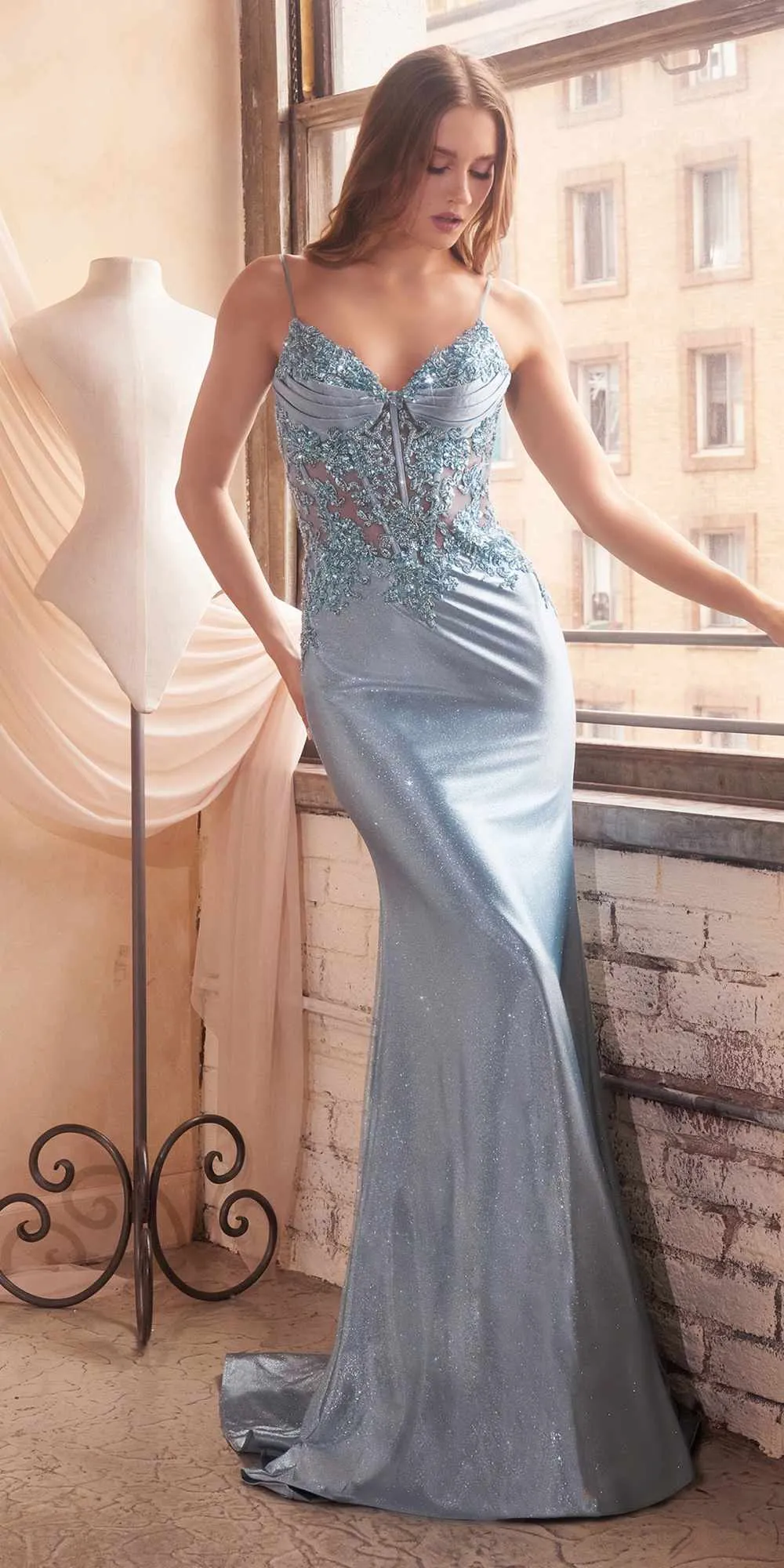 Ladivine CDS450 Long Fitted Lace Applique Bodice Sheer Bodice Gown