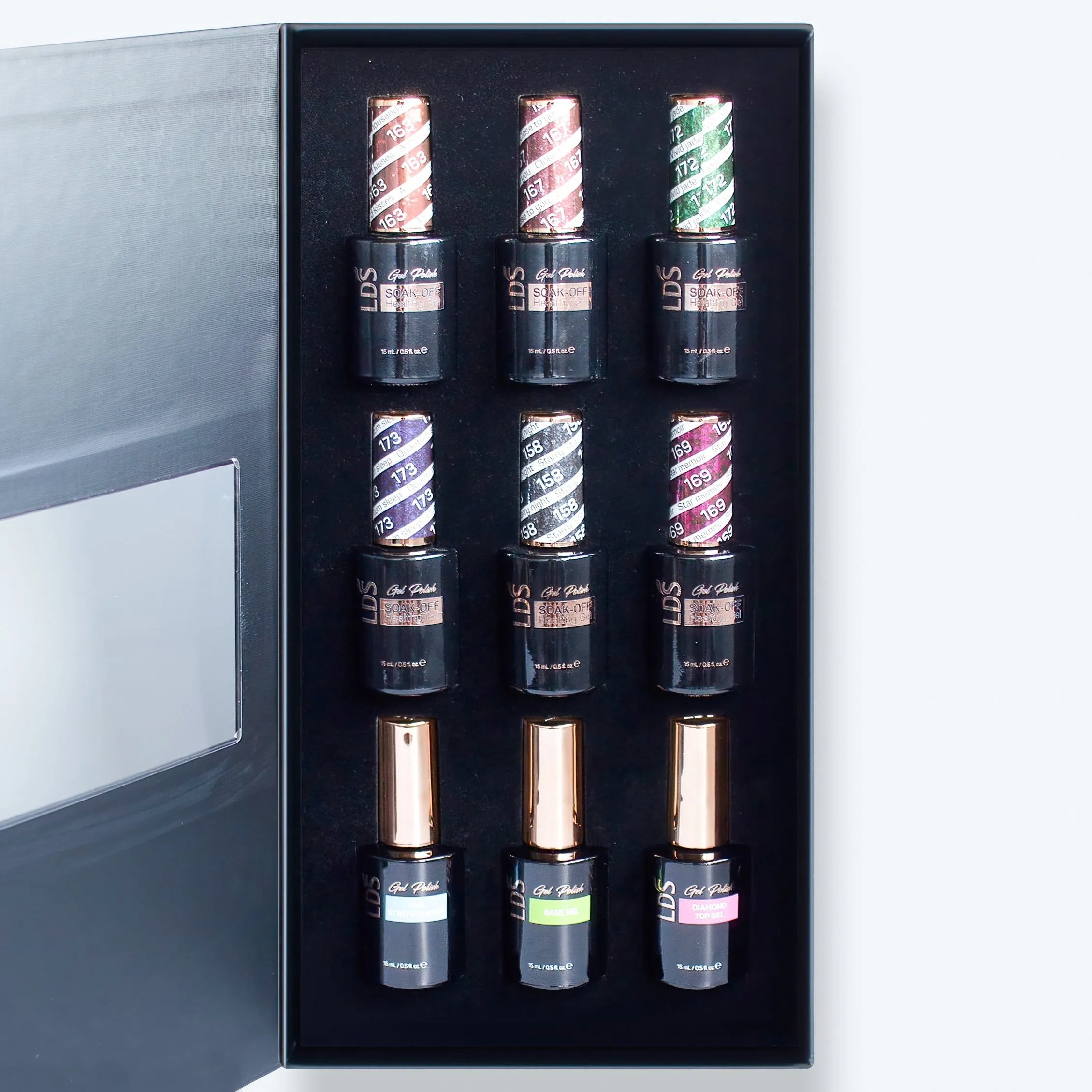 LDS Holiday Collection: 6 Healthy Gel Polishes, 1 Base Gel, 1 Top Gel, 1 Strengthener - KEEP IT PLAYFUL - 163, 167, 172, 173, 158, 169