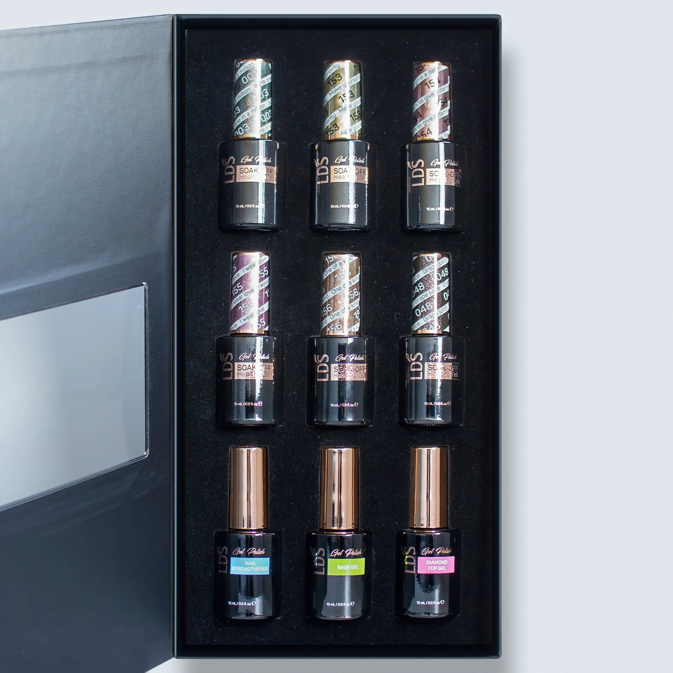 LDS Holiday Collection: 6 Healthy Gel Polishes, 1 Base Gel, 1 Top Gel, 1 Strengthener - SOFT GLAM -  003; 048; 153; 154; 155; 156
