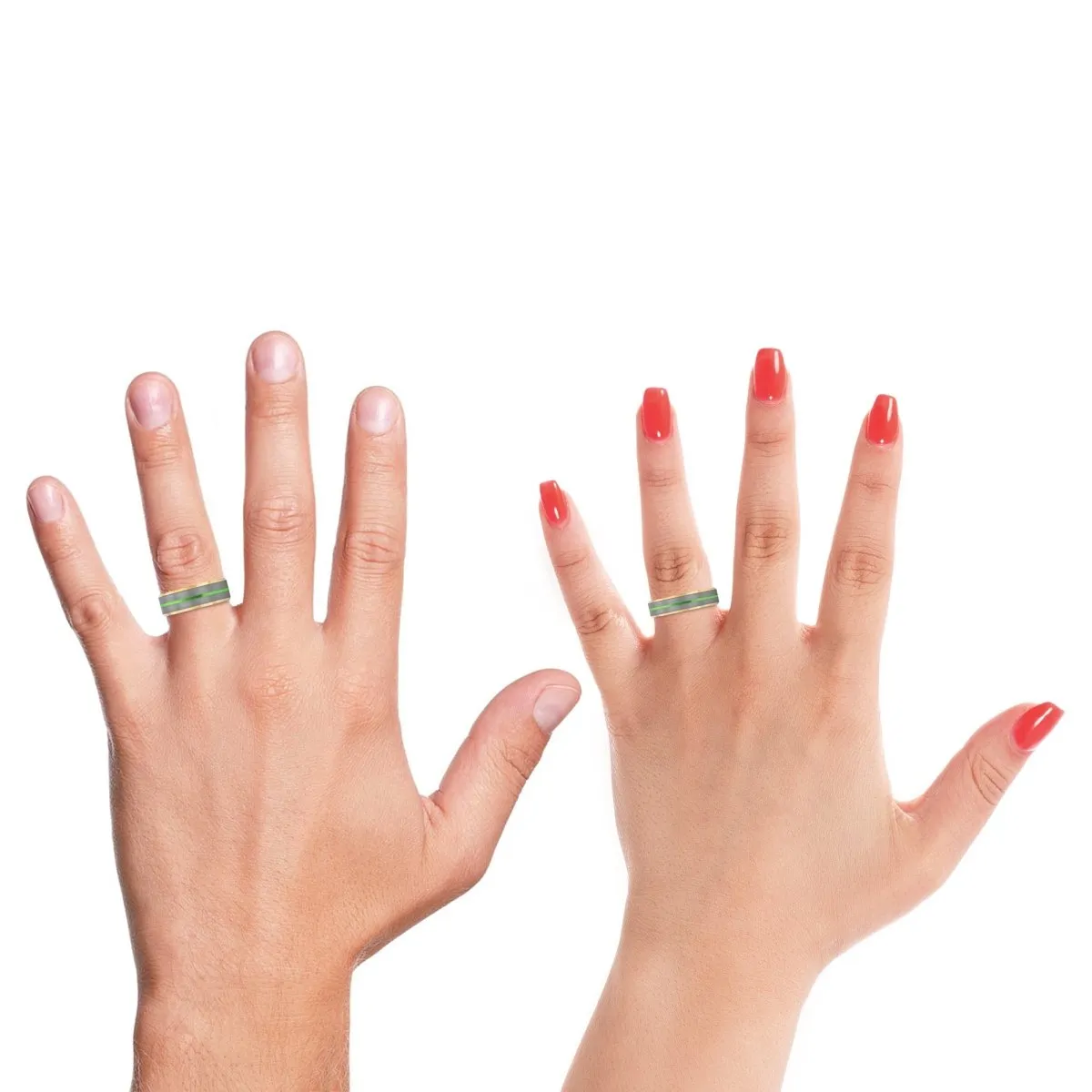 LODICO | Blue & Yellow/Orange Wood, Silver Tungsten Ring, Green Groove, Gold Beveled Edge