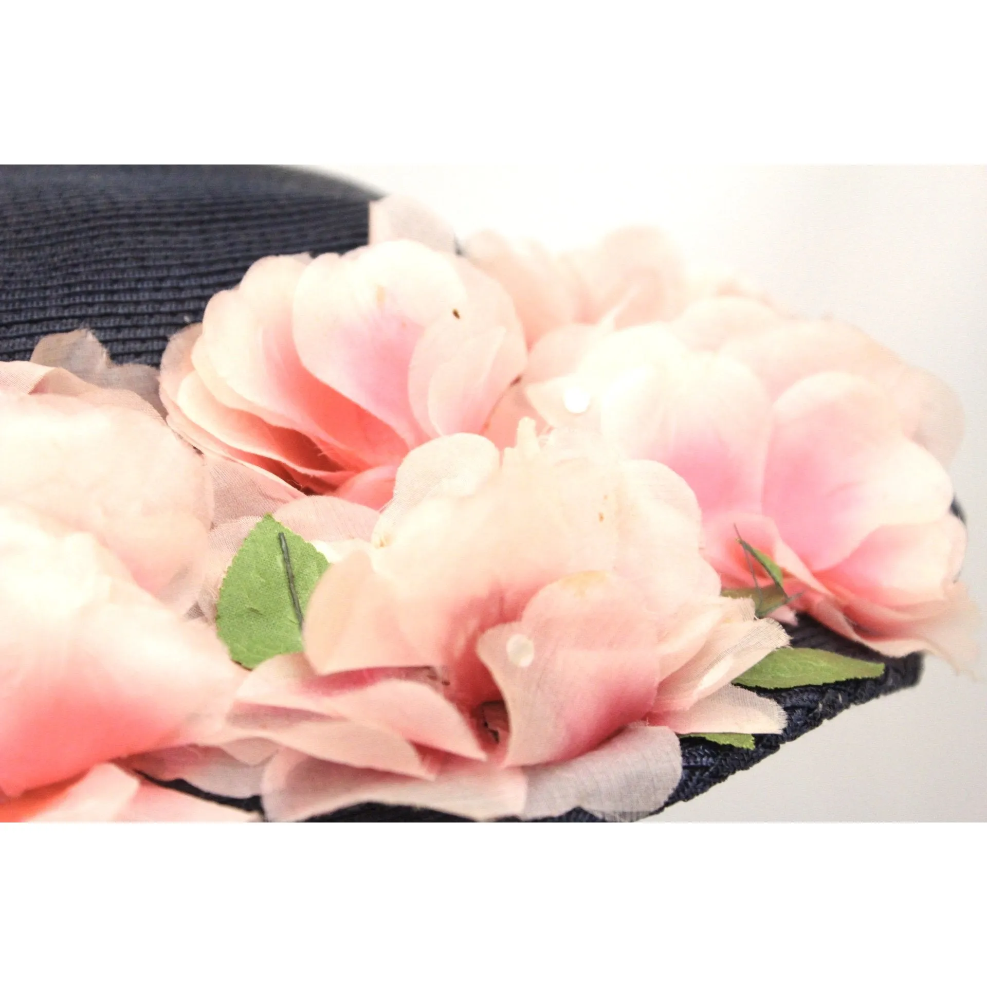 Lovely Vintage 1940s Womens Wide Brimmed Church Hat Lots of Pink Flowers Navy Blue Straw