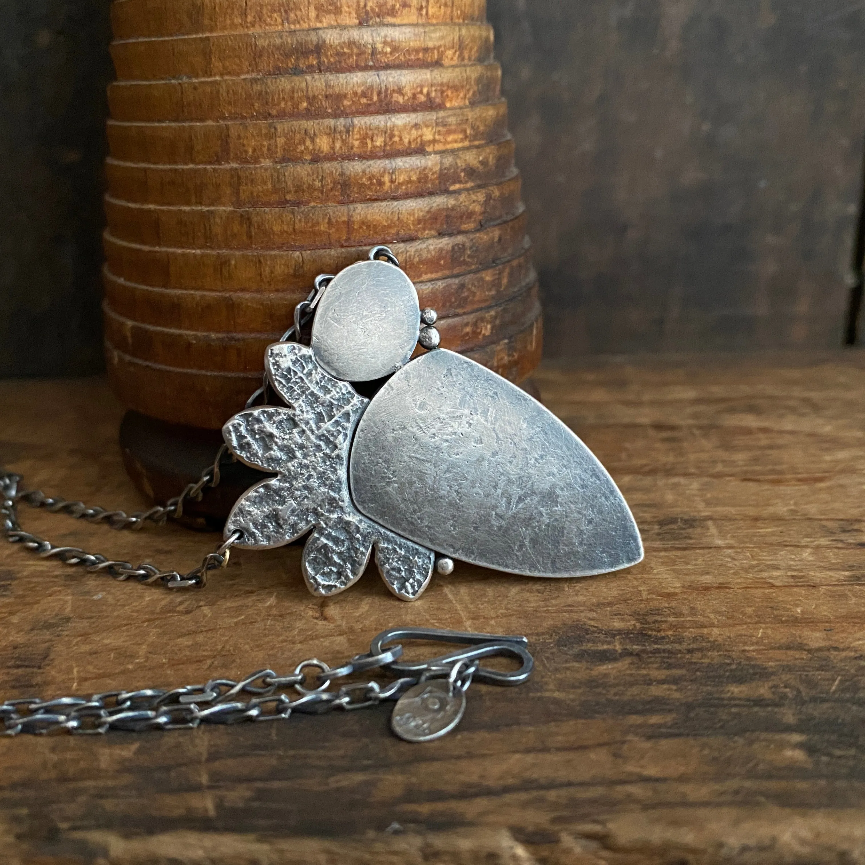 Lunar Side Bloom Pendant with Opalized Wood and Sunstone